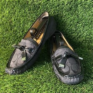 COACH Black Olive Signature Logo Leather Monogram Loafers women's 8.5*
